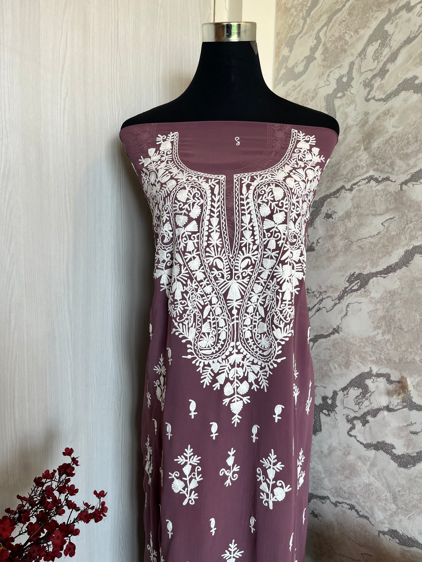 Georgette Blackish Purple All over Work Aari Embroidered Unstitched Kurta Material