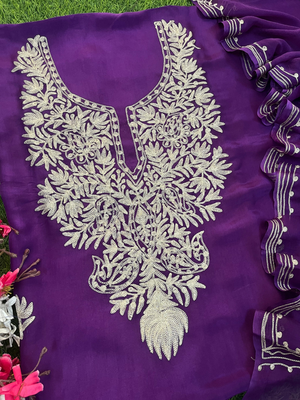 Purple Silk Tilla Kashmiri Suit