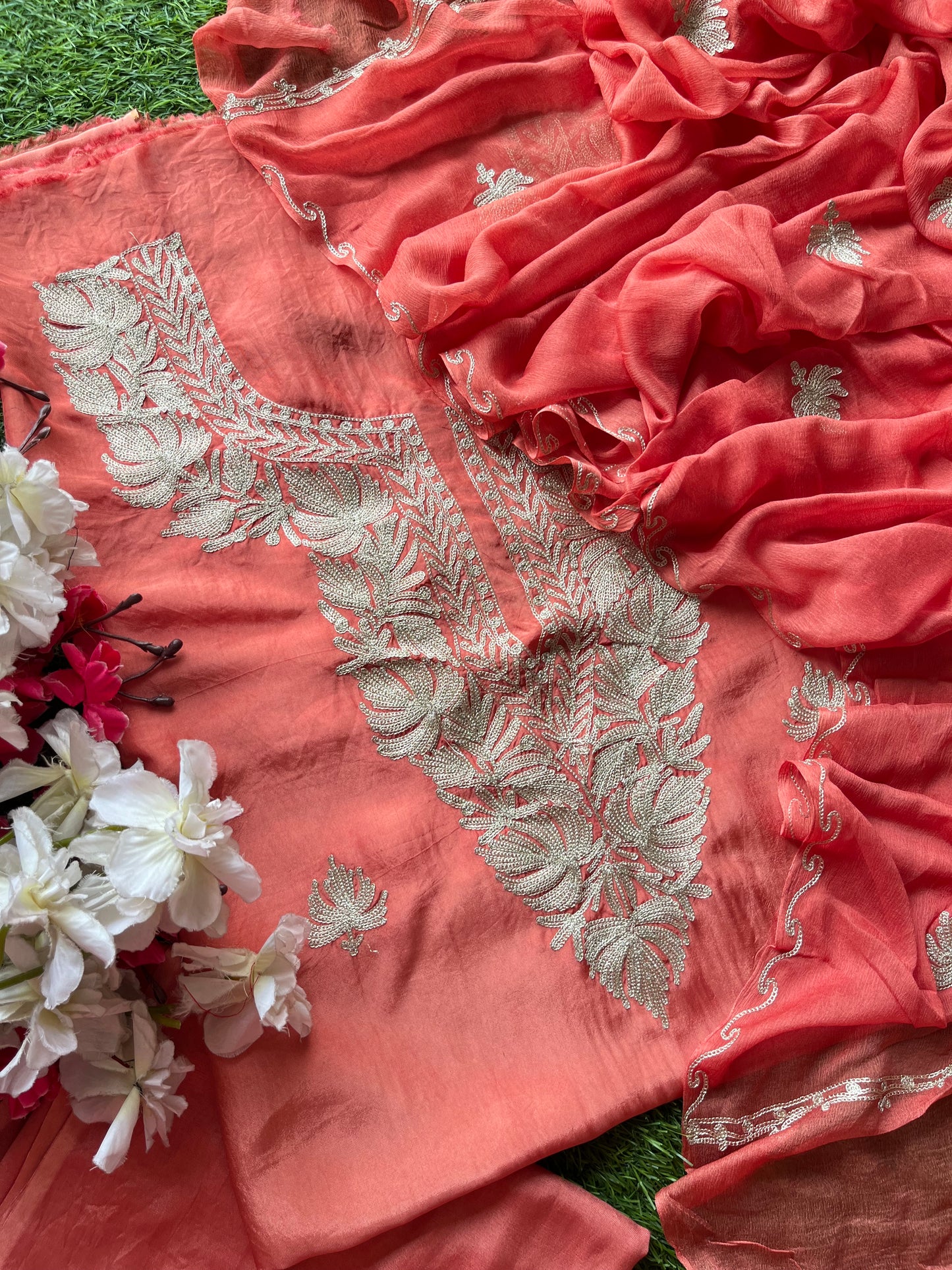 Peach Pink Silk Tilla Kashmiri Suit