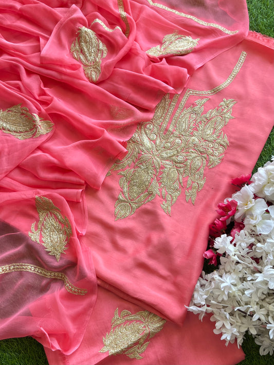 ‘Kalaa’ Peach Muslin Silk Tilla Embroidered Suit material