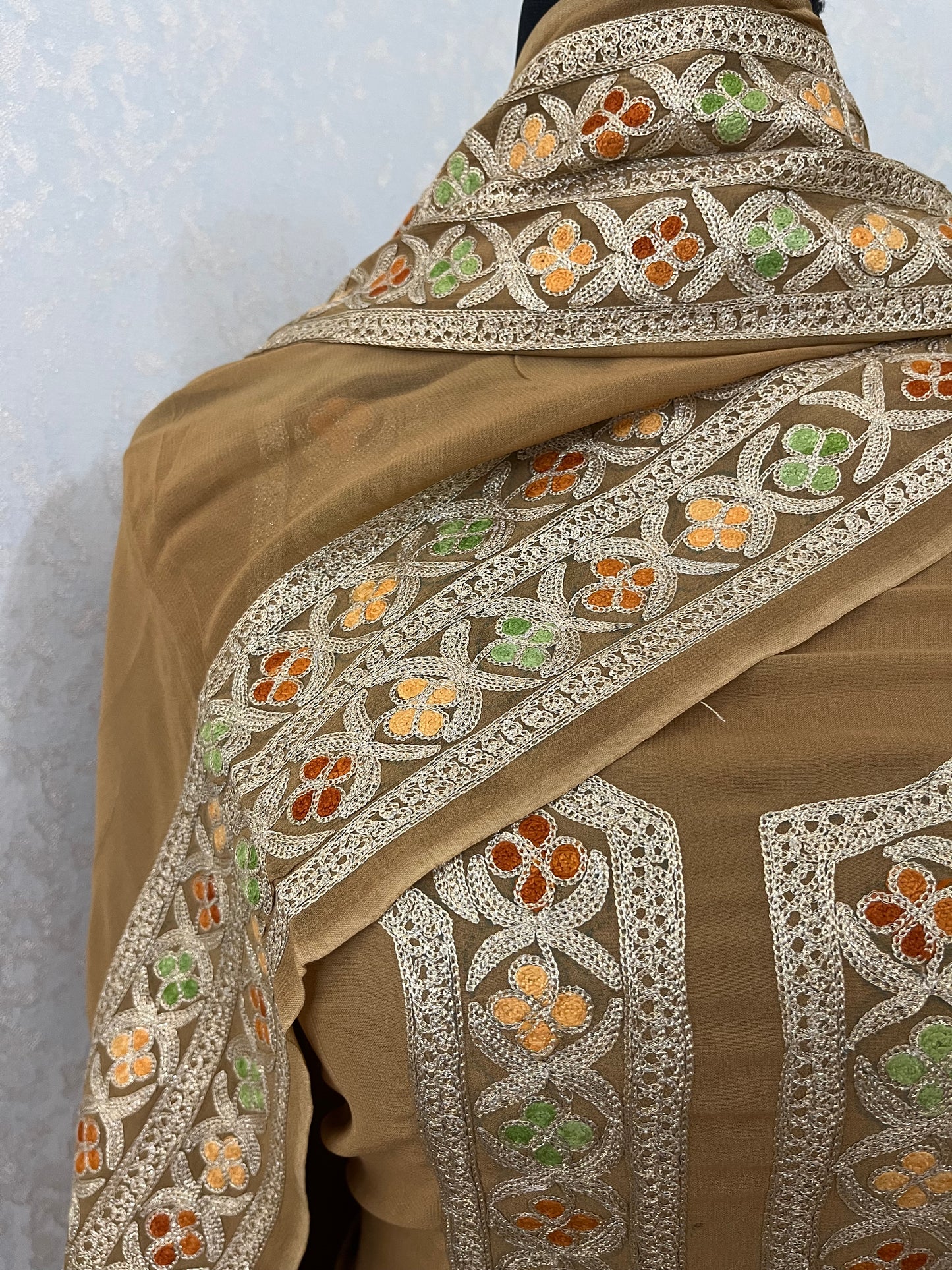 Golden Pure Georgette 3Pc Kashmiri Embroidered Suit