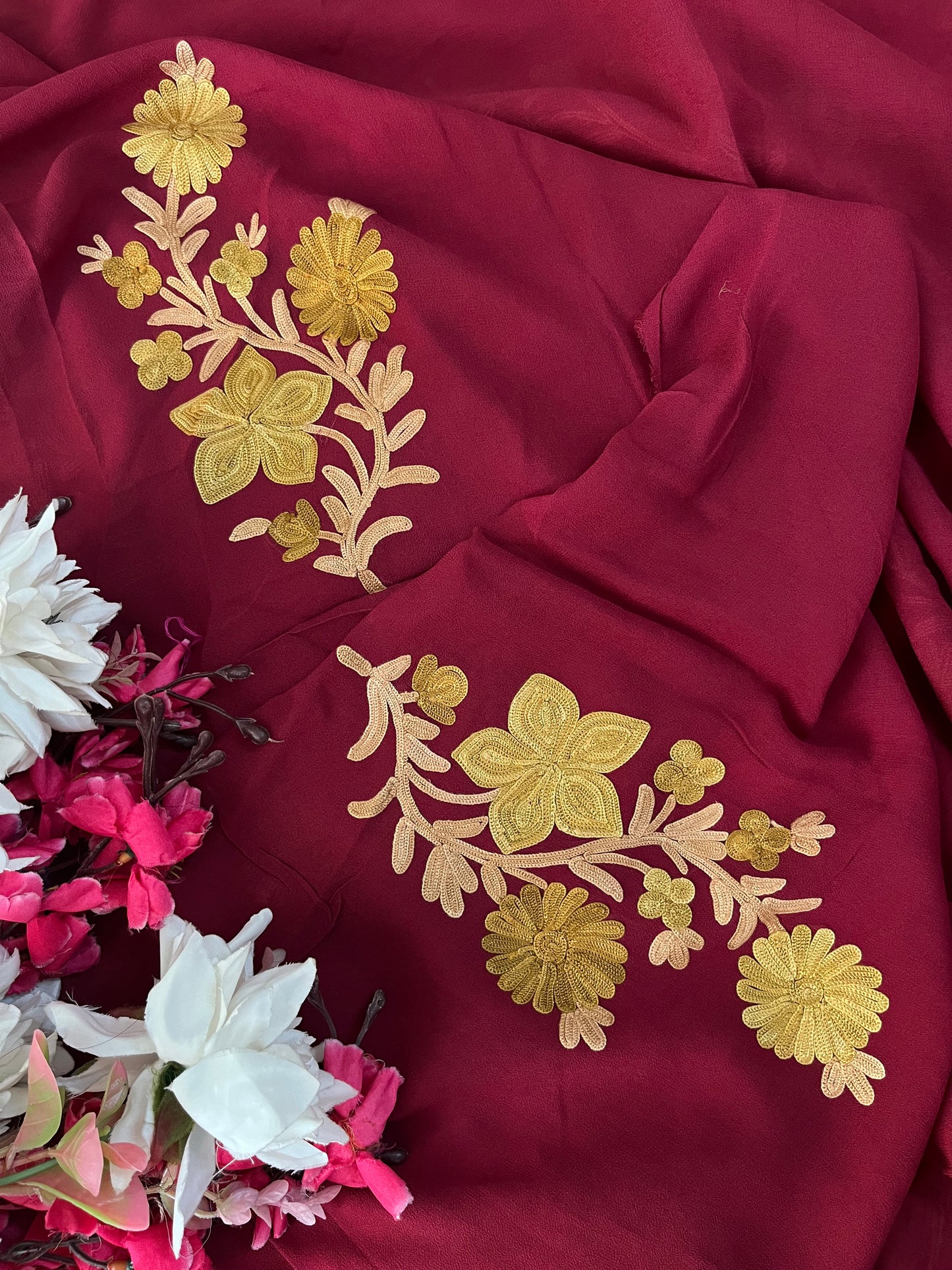 Maroon  Pure Georgette Aari Embroidered Suit