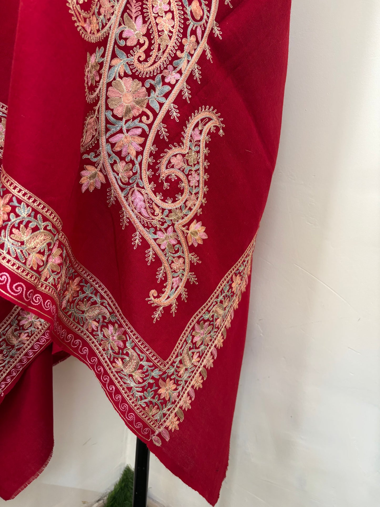 Red Silk Thread Ambi Aangan Embroidered Fine Semi Pashmina stole