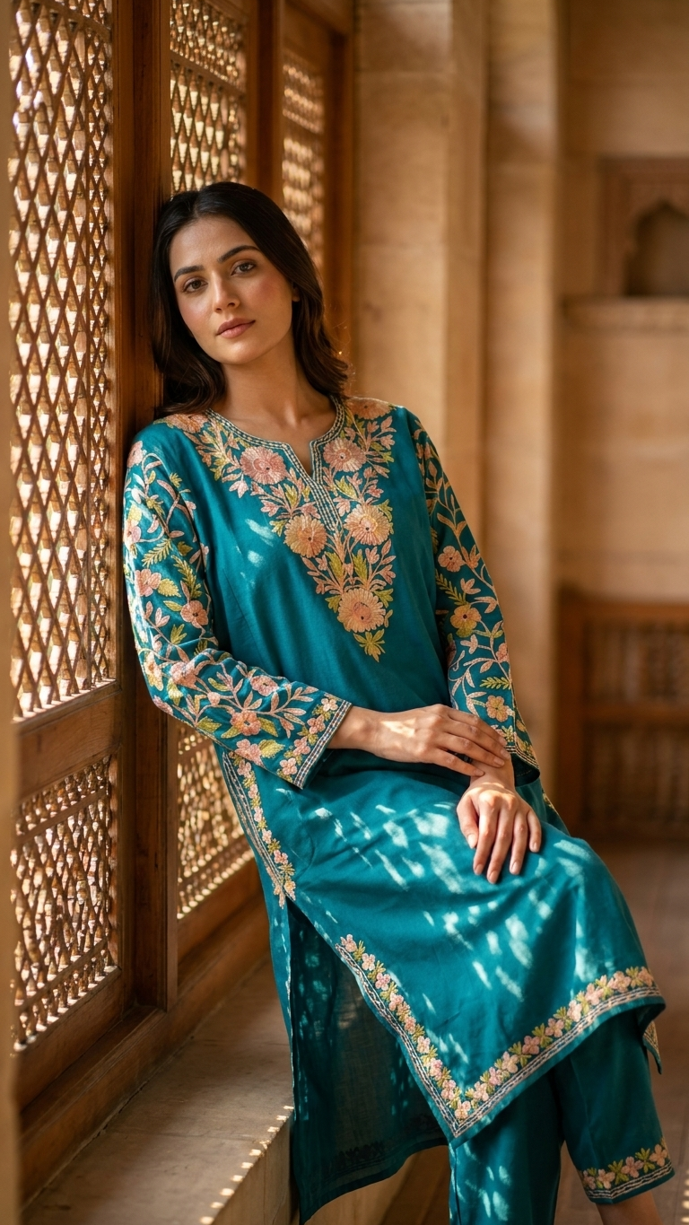 Deep Green Cotton Arm Jaal Pheran Set