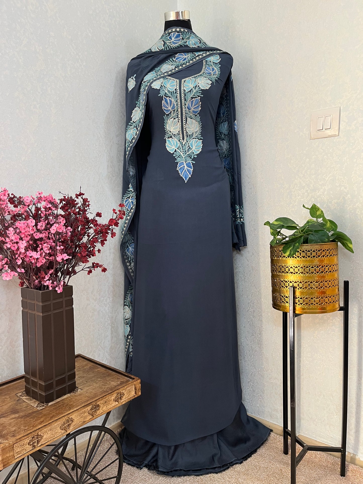 Grey Pure Georgette Kashmiri Suit