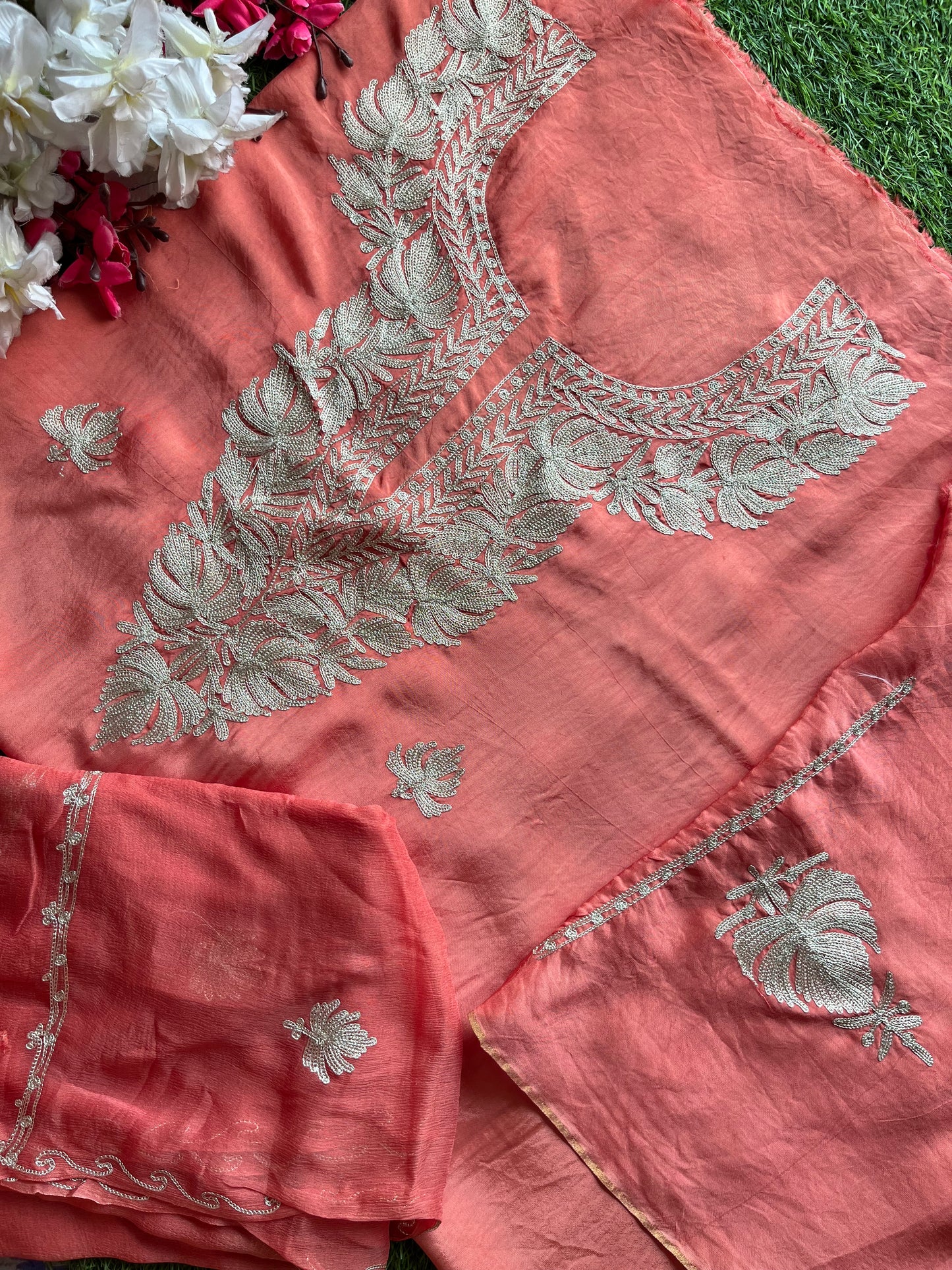 Peach Pink Silk Tilla Kashmiri Suit