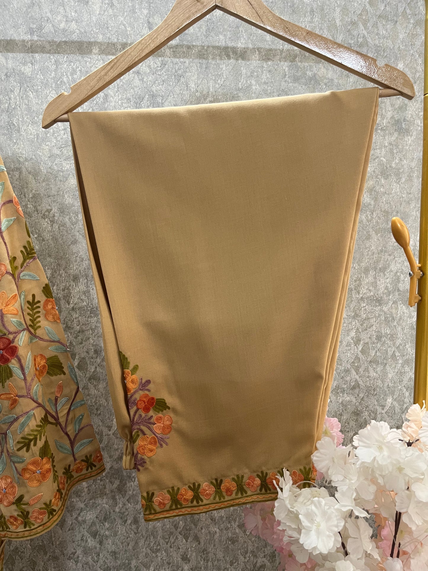 Beige Cotton Arm Jaal Pheran Set