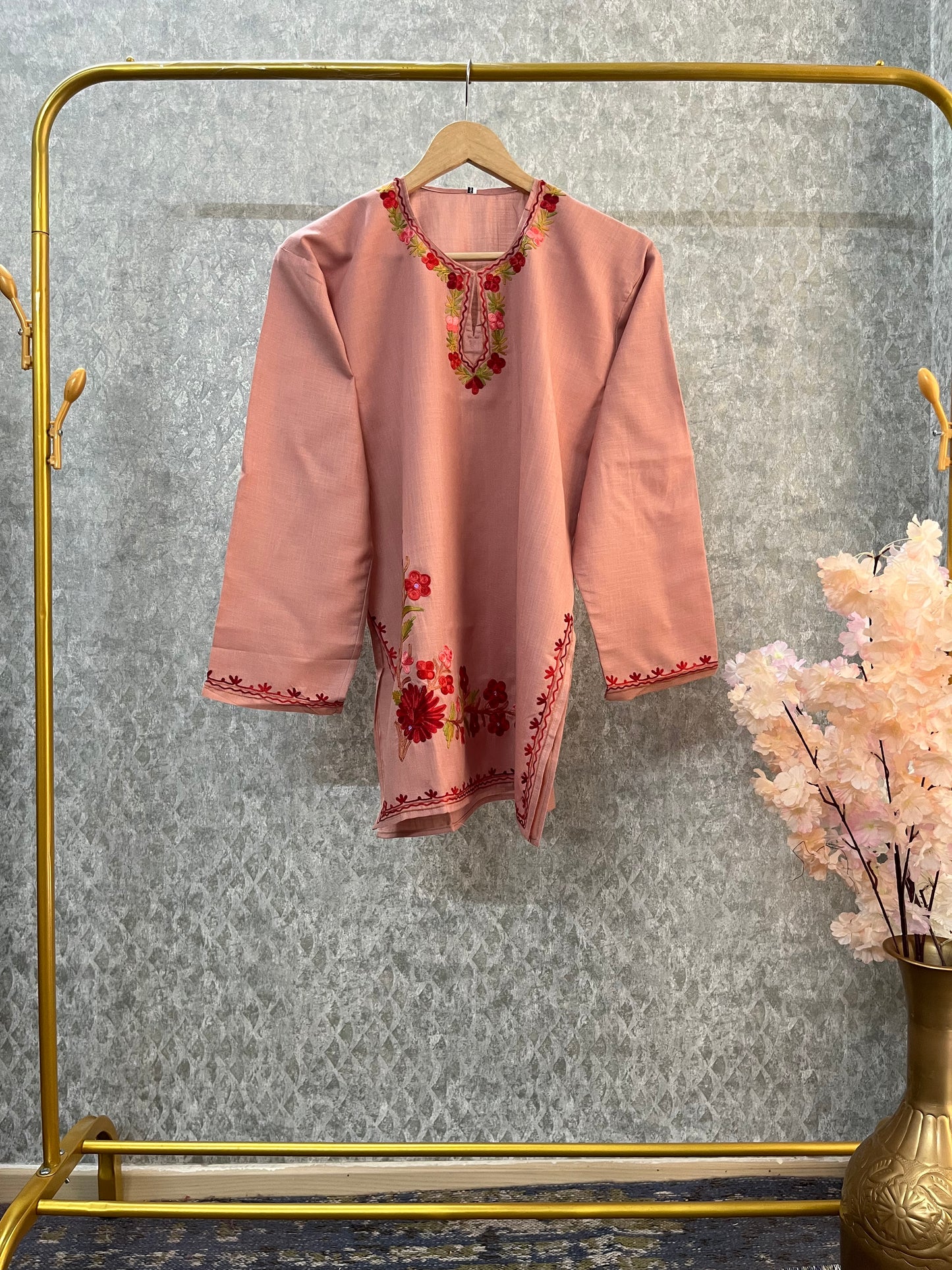 Soft Pink Cotton Aari Work Kurta