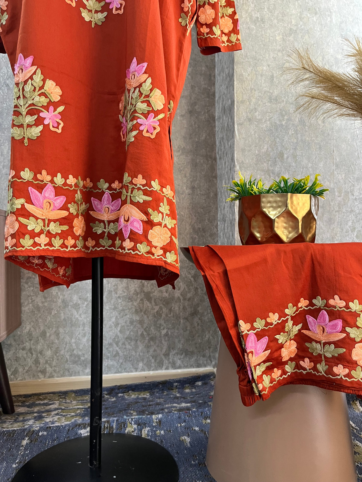 Brick Cotton Front Jaal Pheran Set  Size(44)