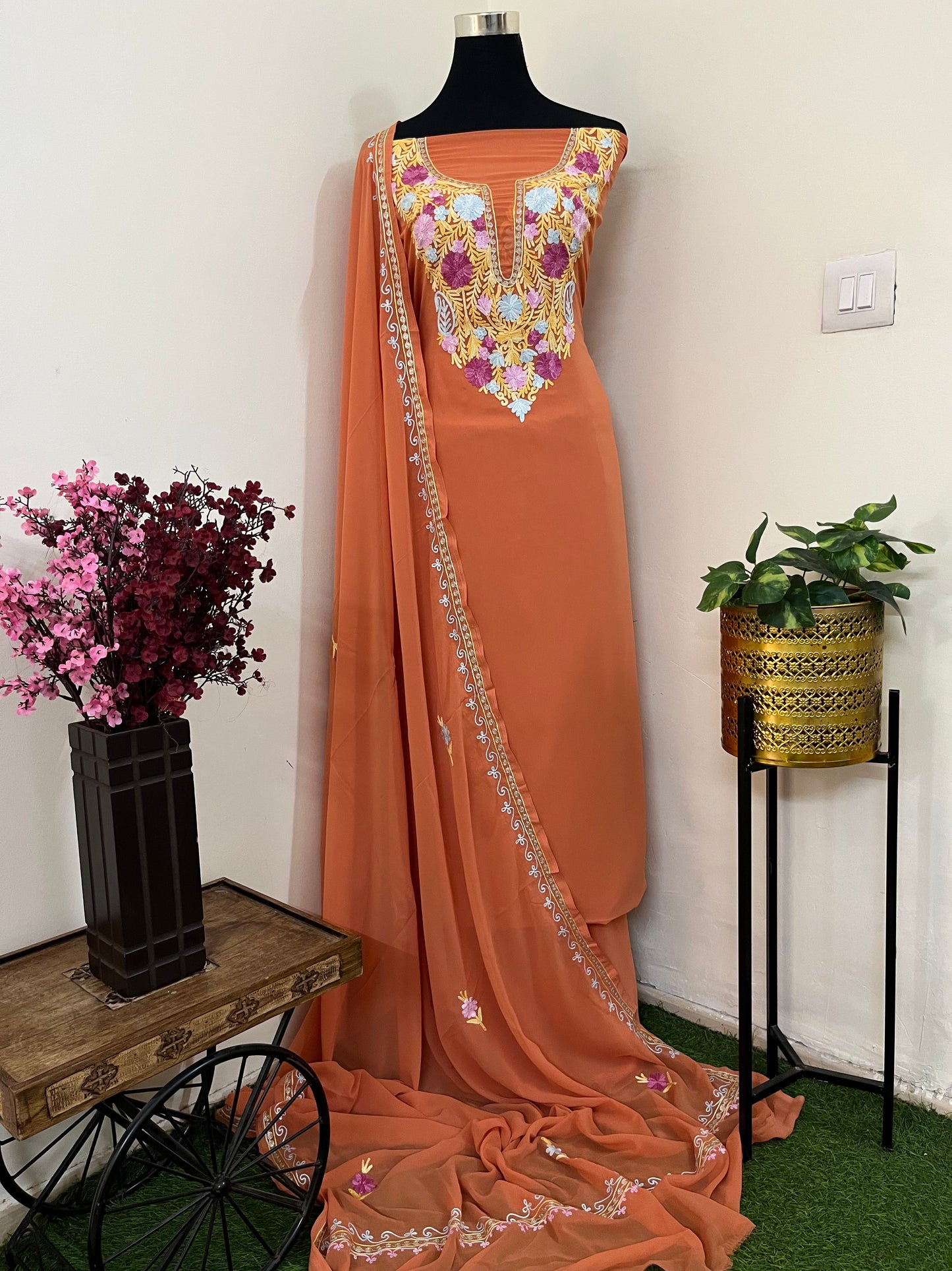 Soft Orange Georgette 3 Pc Aari Embroidered Suit Set