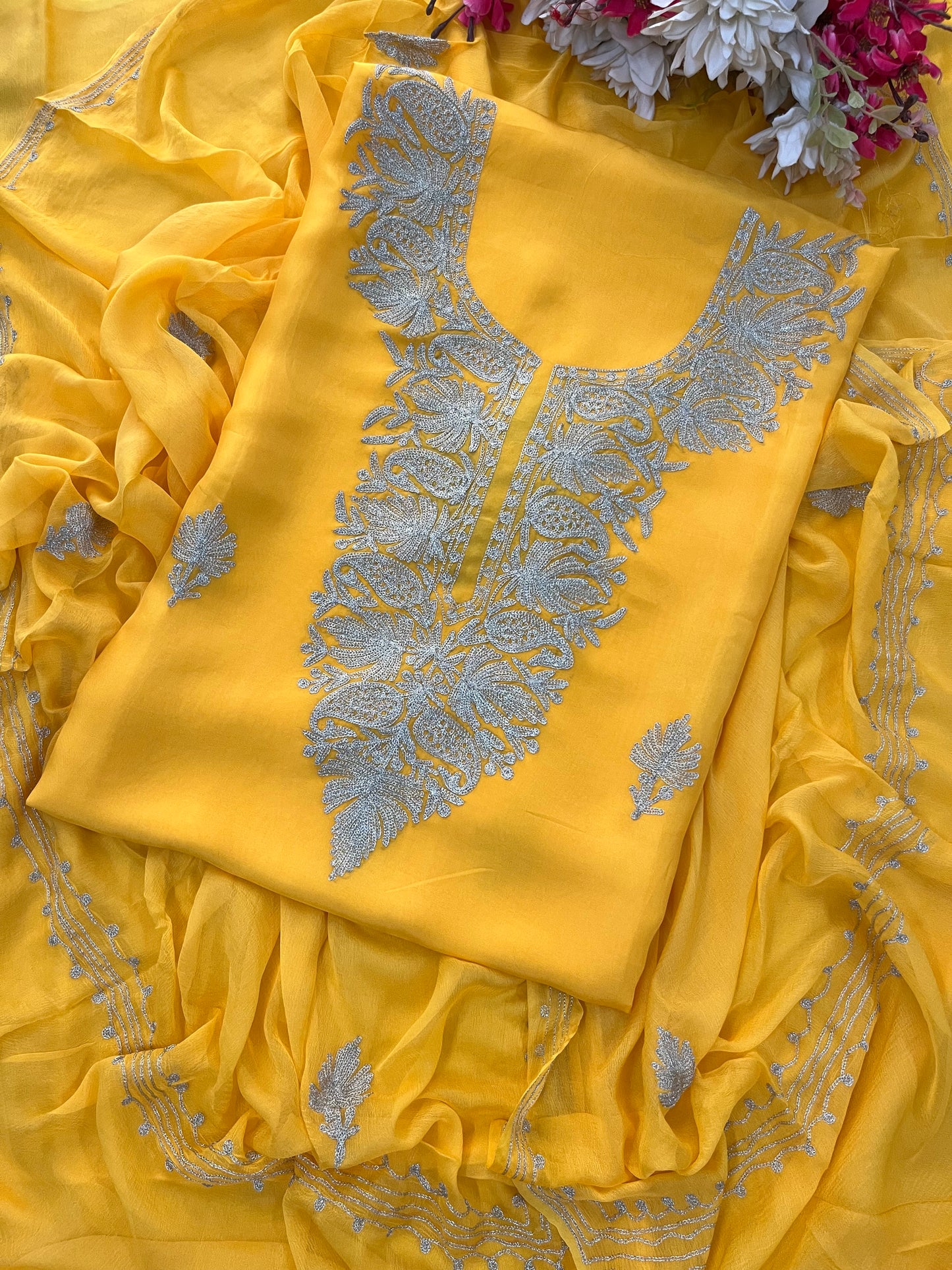 Yellow Silk Tilla Kashmiri Suit