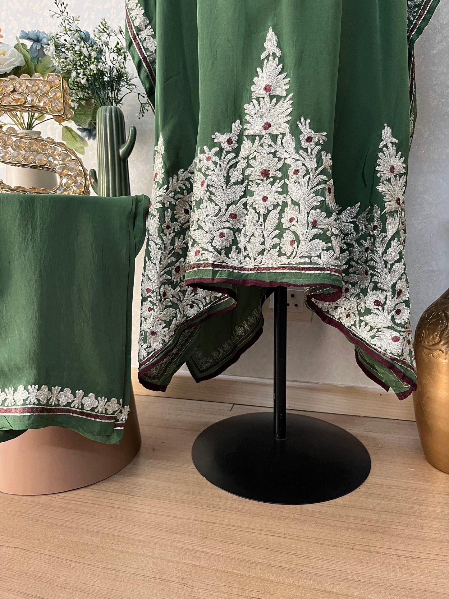 Green Crape Kashmiri Kaftan Set