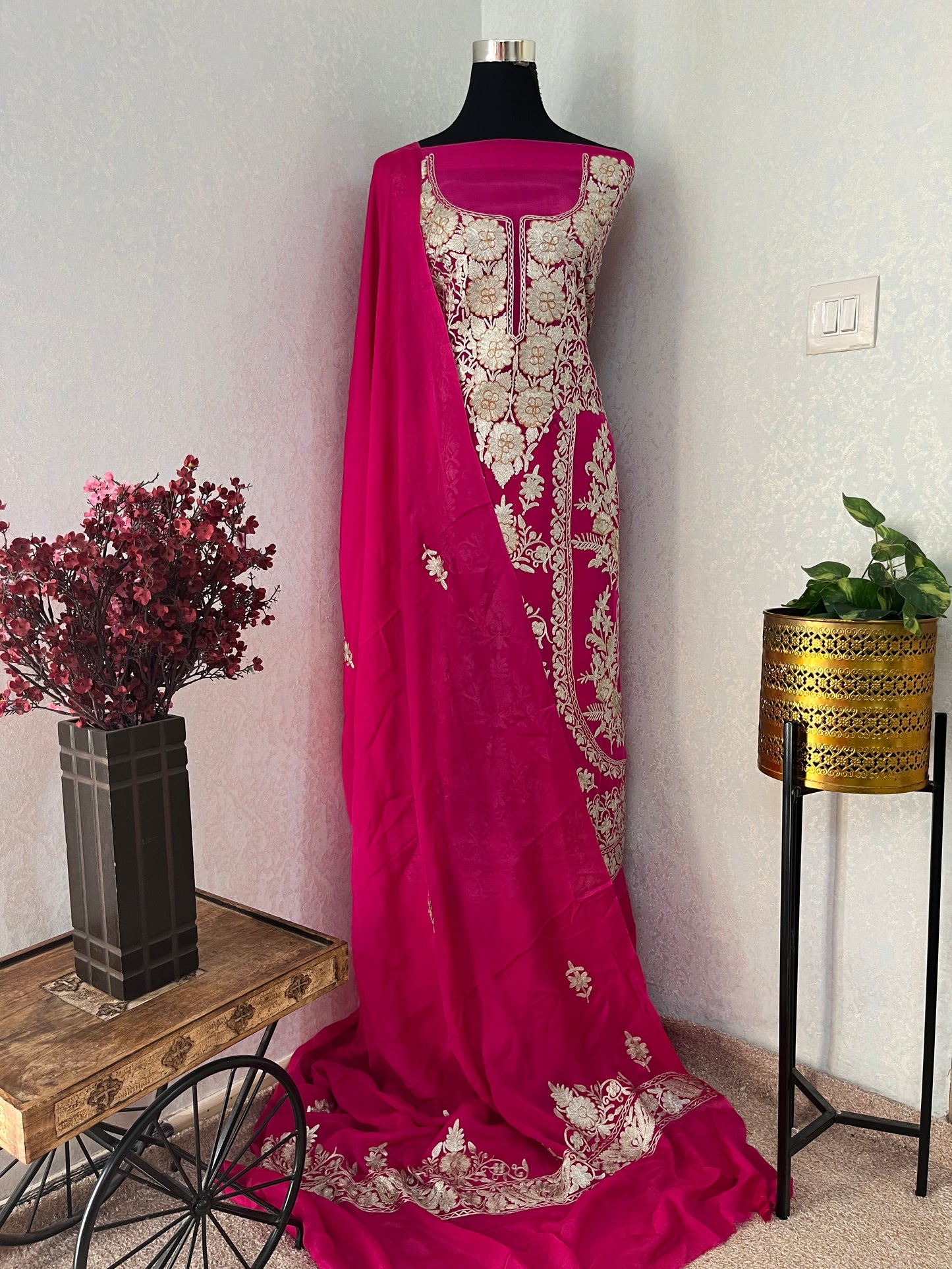Hot Pink Pure Soft Organza 3 Pc Heavy Kashmiri Suit