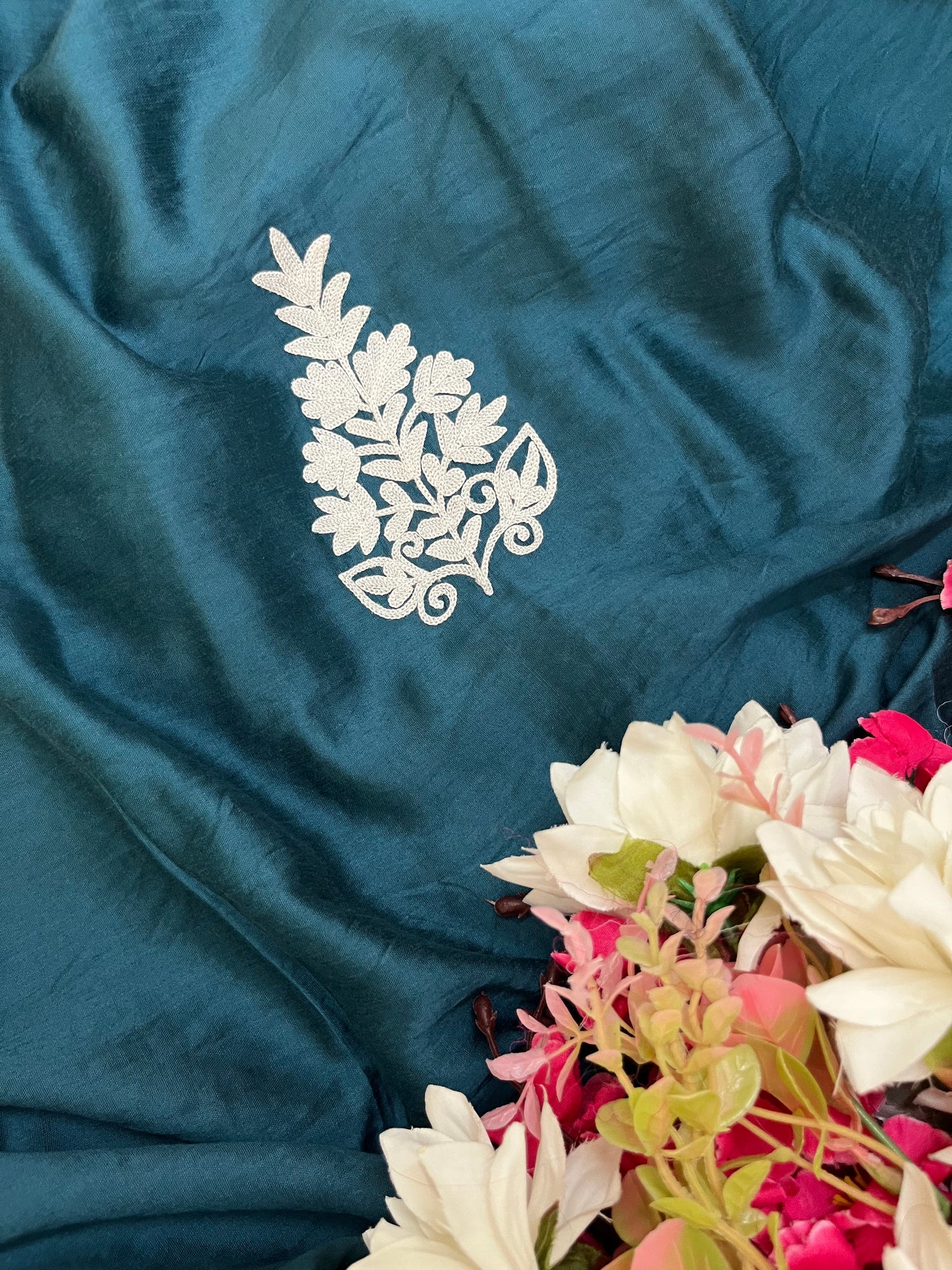 Teal Blue Chanderi Silk Kashmiri Suit
