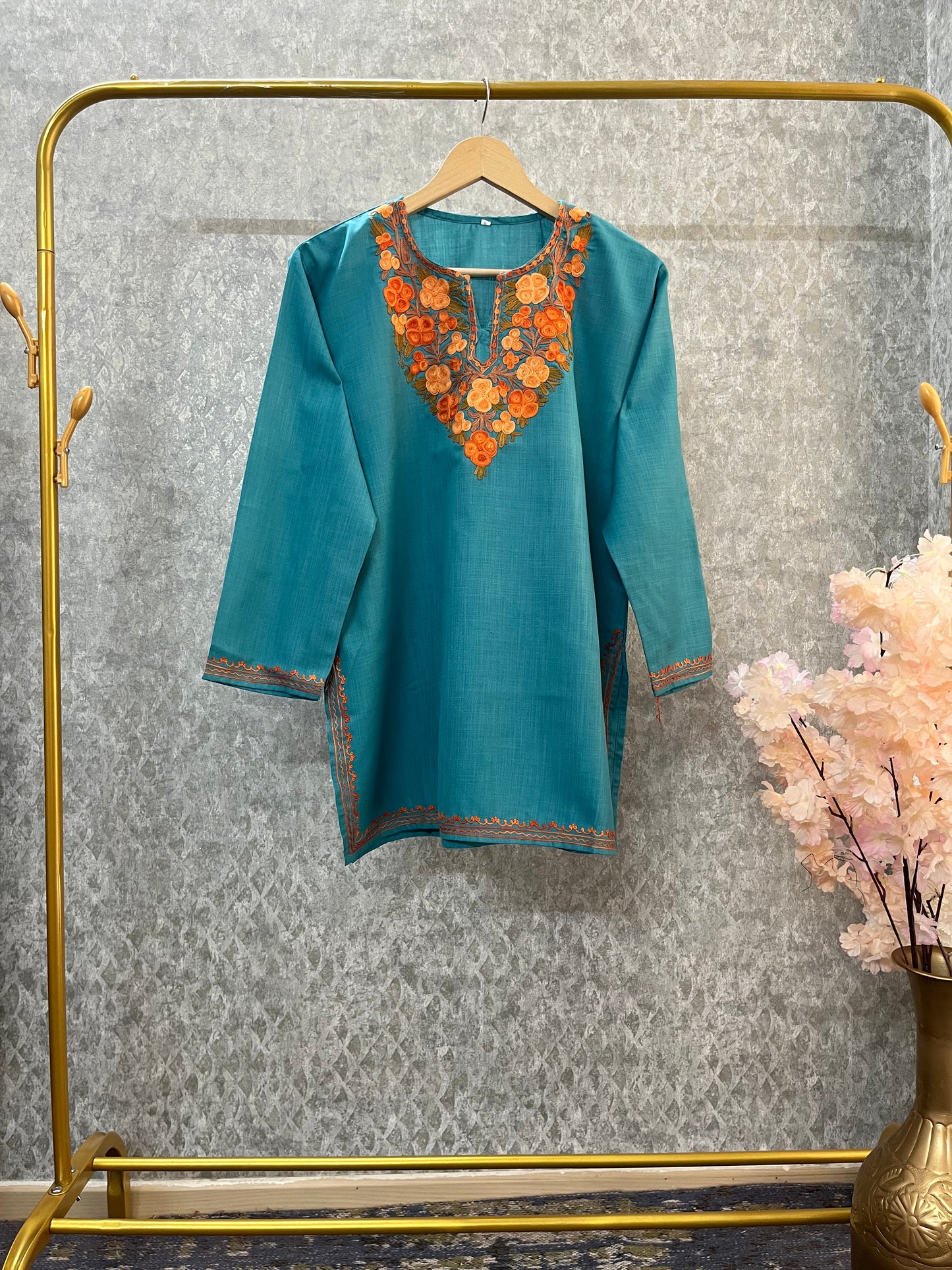 Sky Blue Cotton Aari Work Kurta