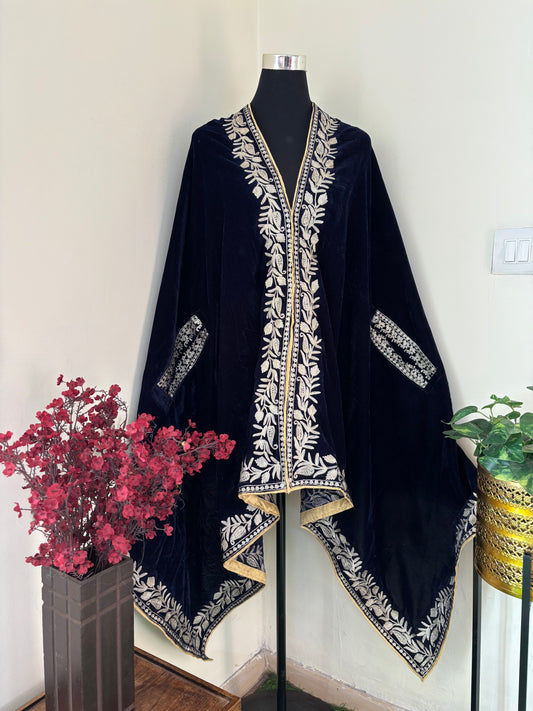 Midnight Blue Tilla Embroidered Velvet Cape