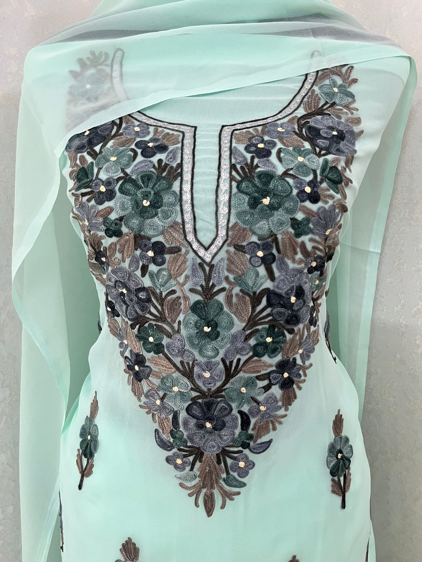 Mint Green Georgette 3Pc Kashmiri Suit