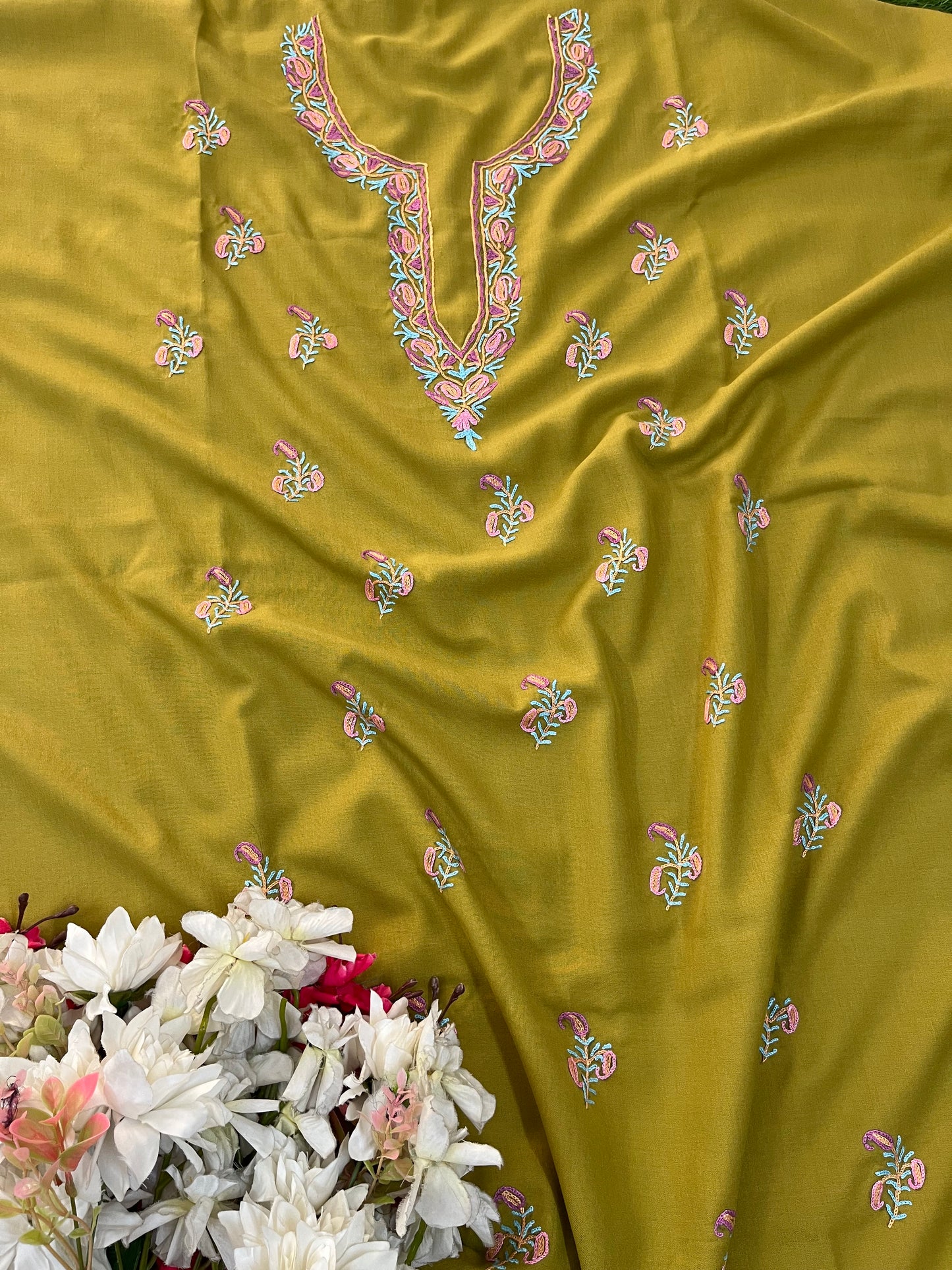 Lime Green Cotton Two Piece Suit (Hand Embroidered)