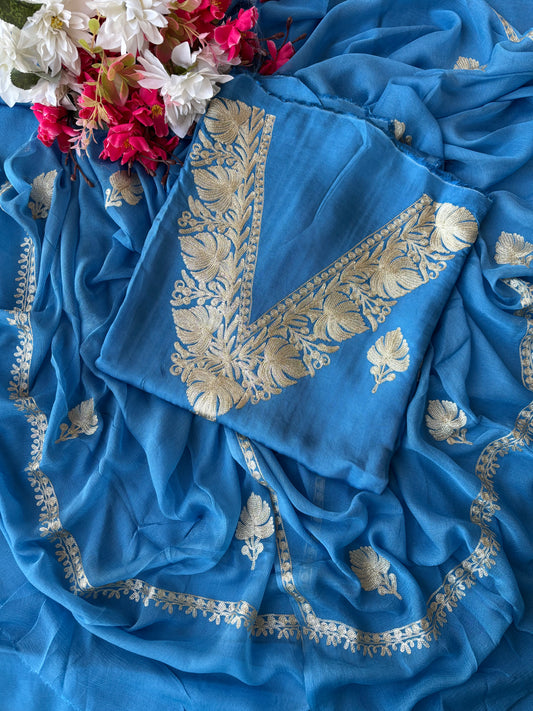 Indigo Blue Silk Tilla Kashmiri Suit