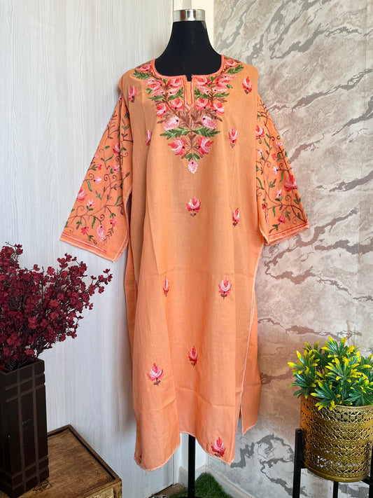 ‘Bageecha’ Peach Cotton Semi Stitched Cream Aari Work Kurti