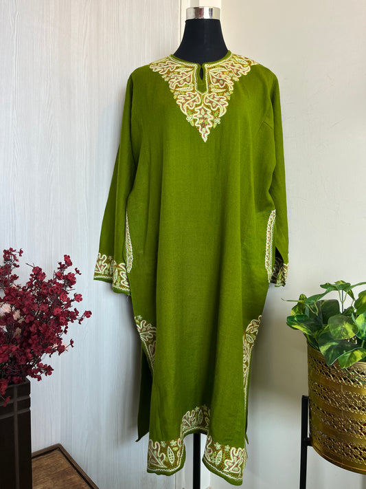 Green Aari and Sozni Hand Embroidered Pure Wool Pheran