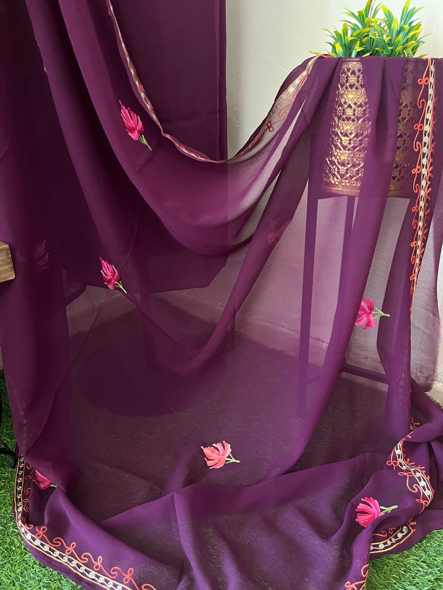 Wine Georgette Shirt and Dupatta Aari Embroidered Suit