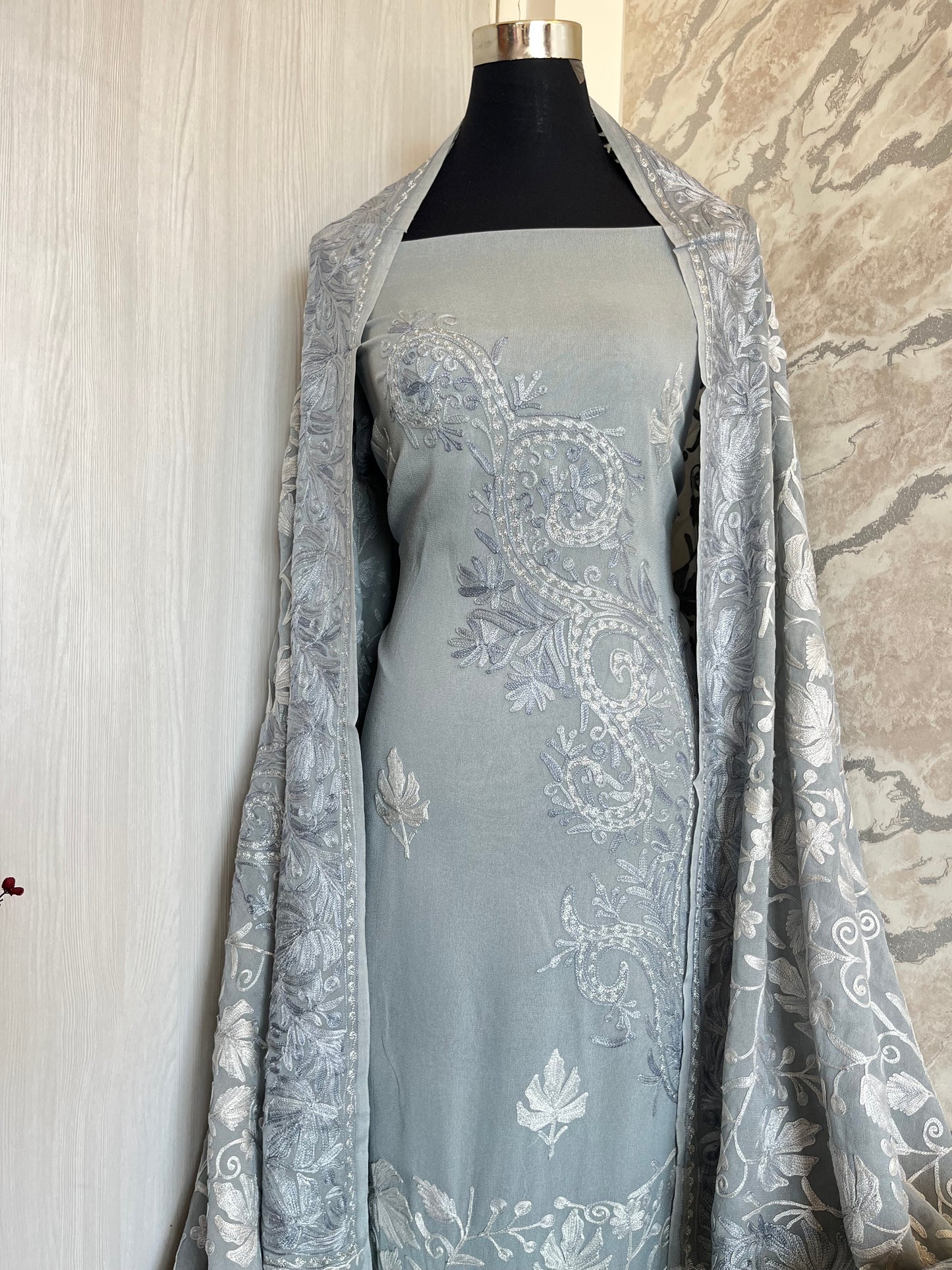 Grey Pure Georgette Aari Embroidered Suit