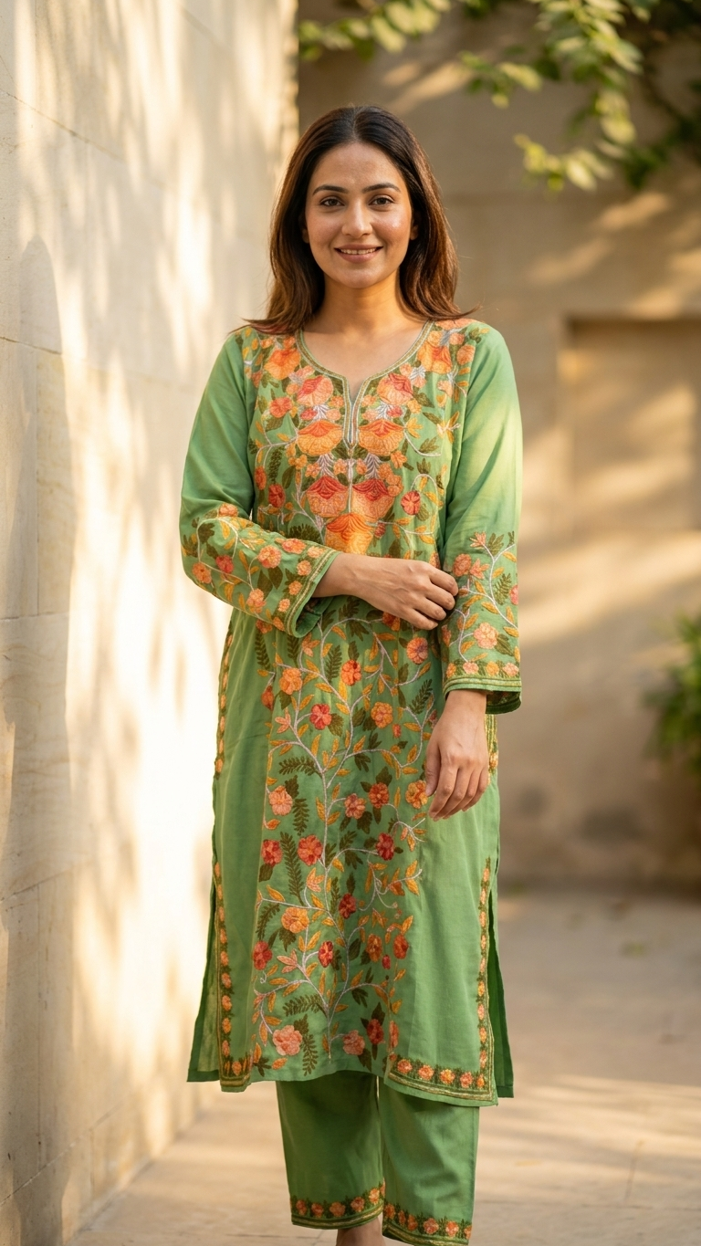 Green Yellow Cotton Front Jaal Pheran Set Size (44)