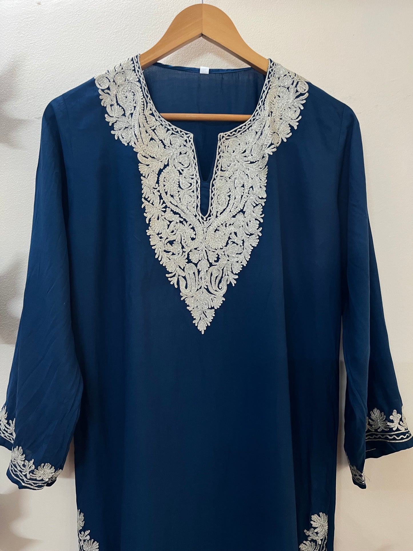 Blue Cotton Tilla Embroidered Stitched Kurta