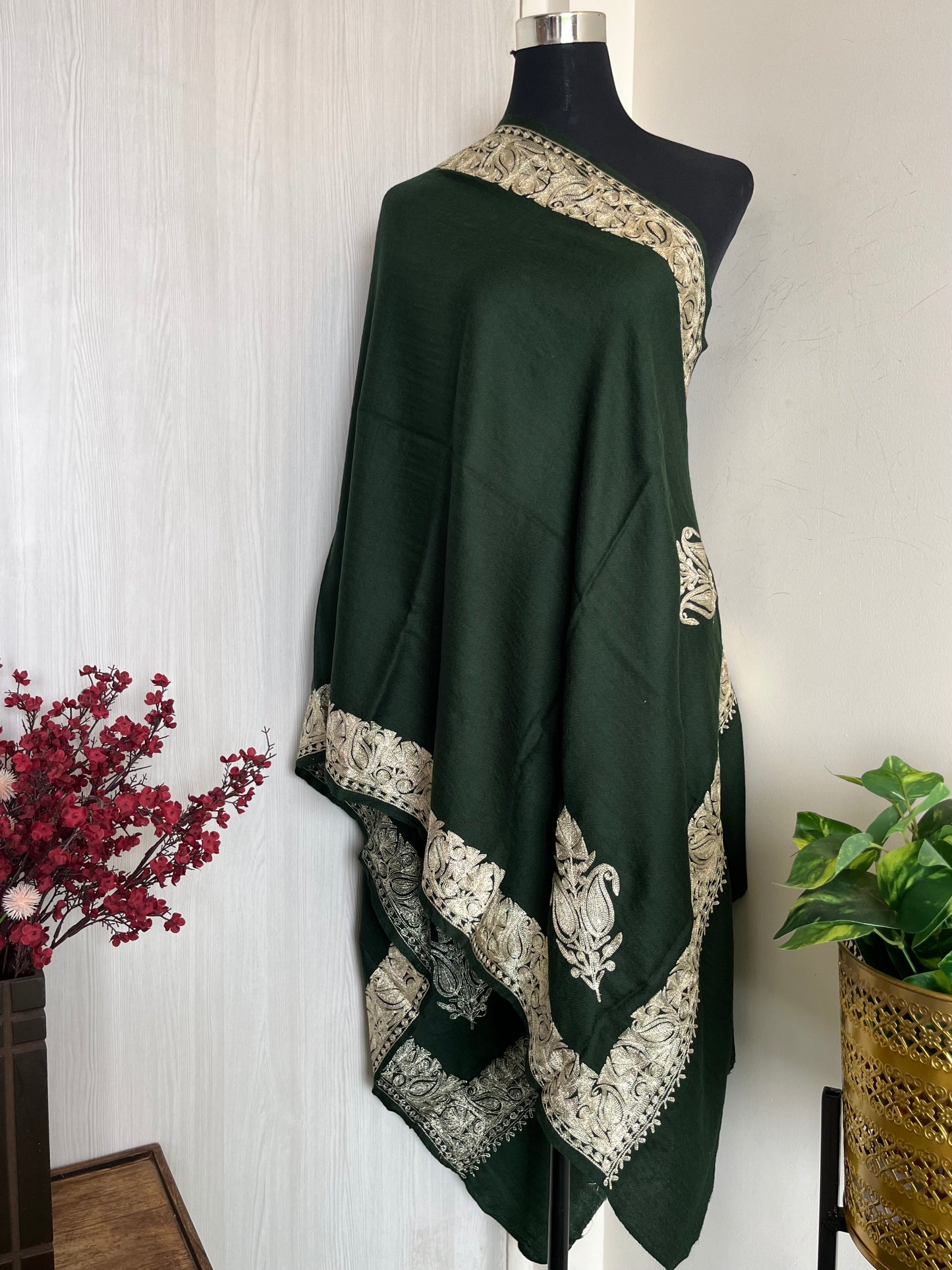 Bottle Green Fine Semi Pashmina Tilla Embroidered stole