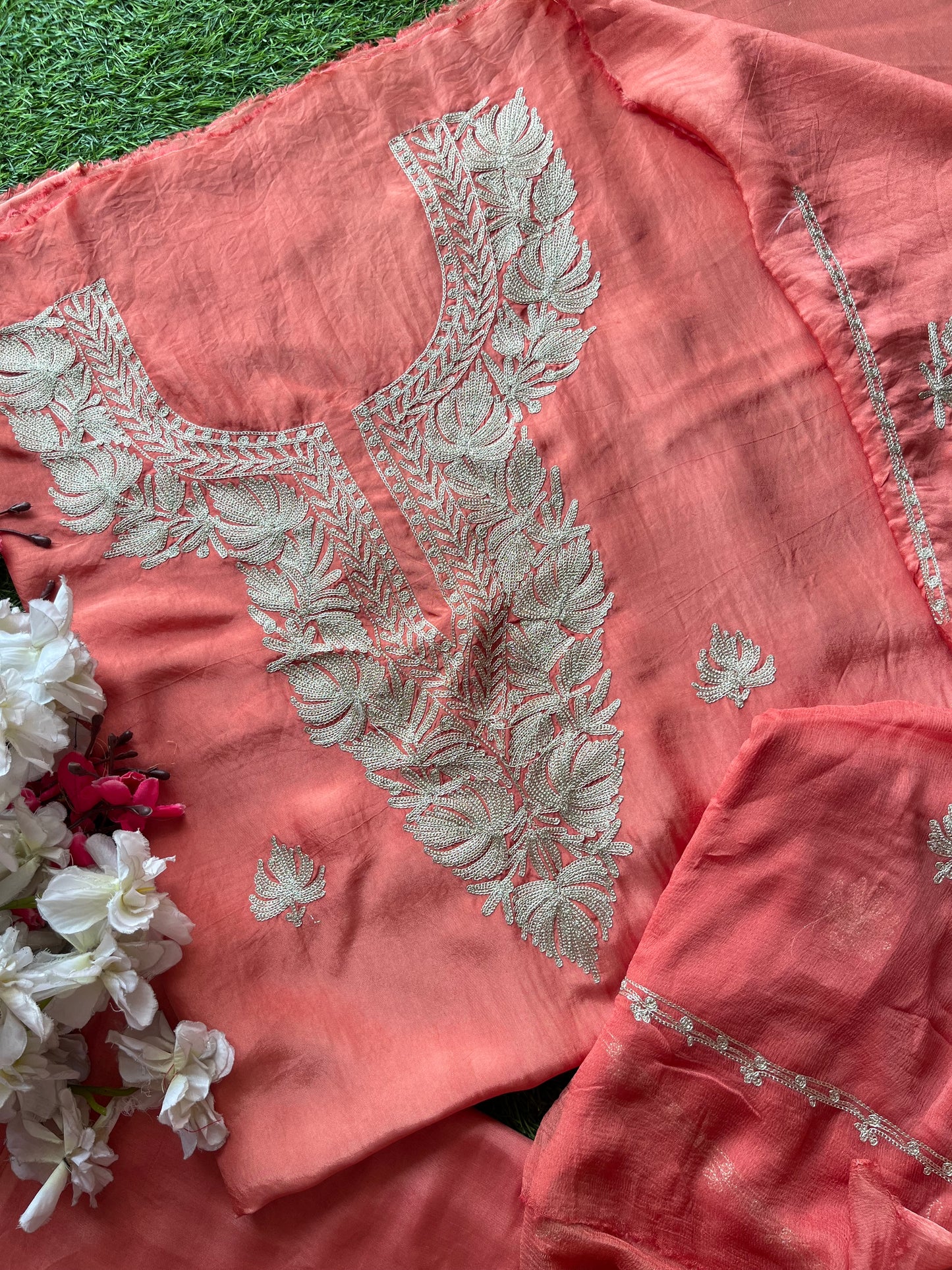 Peach Pink Silk Tilla Kashmiri Suit