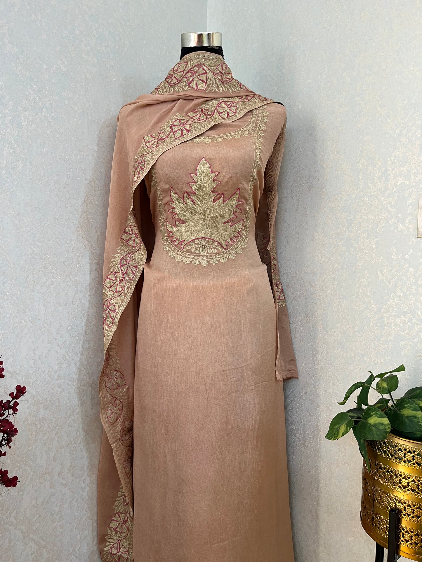 Peach Chinon 3 Pc Aari Embroidered Suit