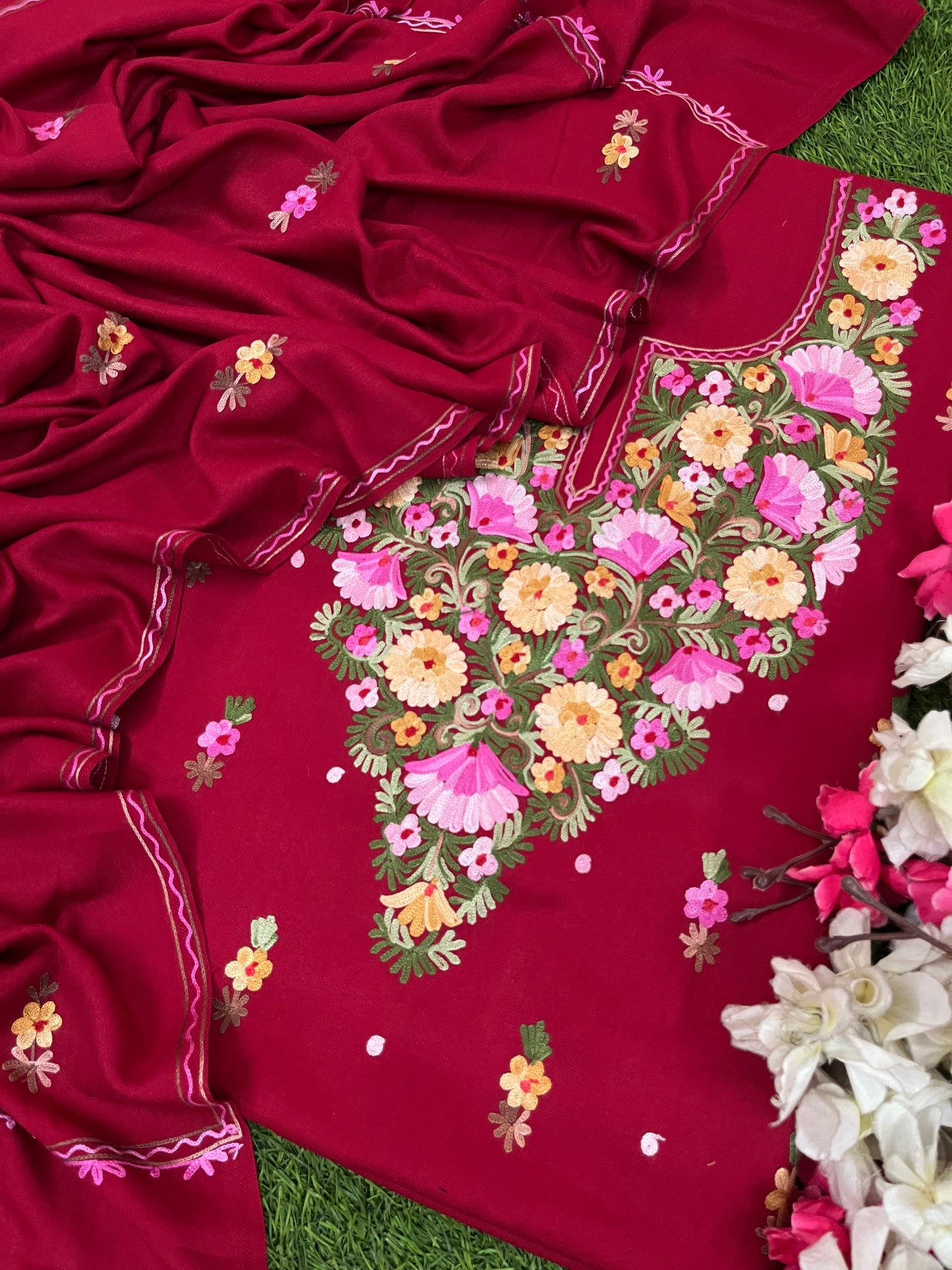 Maroon Woollen Aari Embroidered 3pc suit