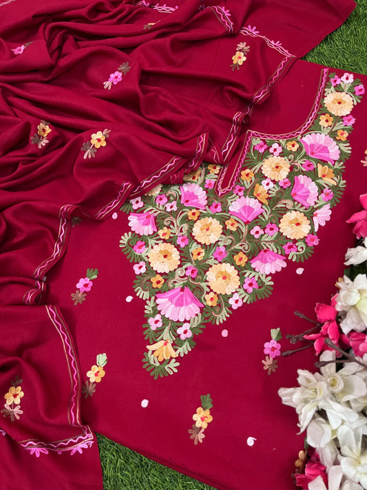 Maroon Woollen Aari Embroidered 3pc suit