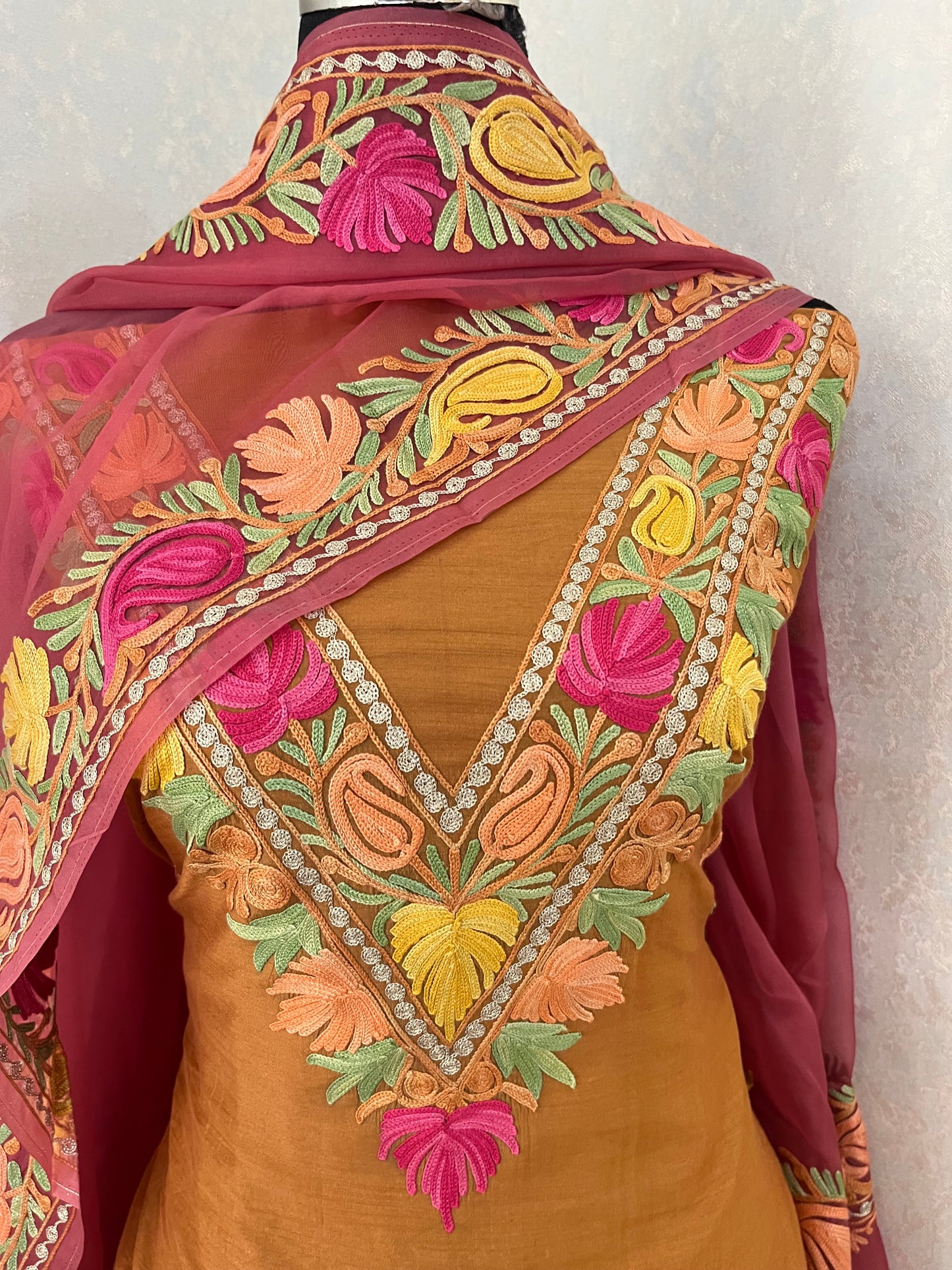 Soft Brown Chanderi Silk Kashmiri Suit