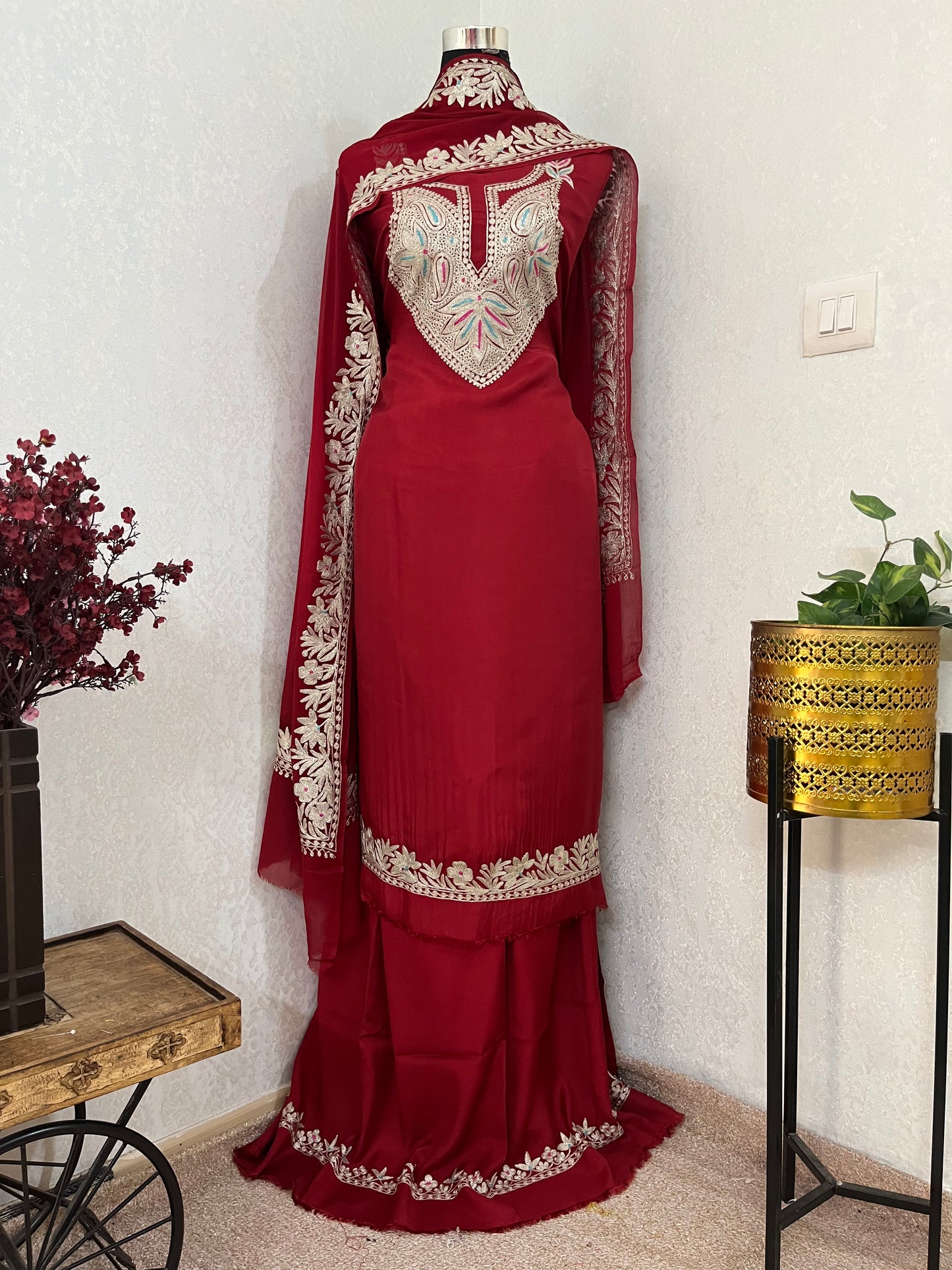 Maroon Opada Silk Kashmiri Suits