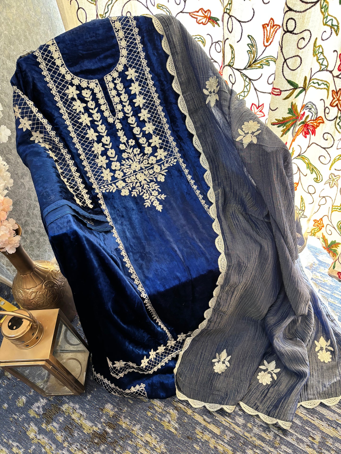 Navy Blue Tilla Pure Makhmal 3pc Suit