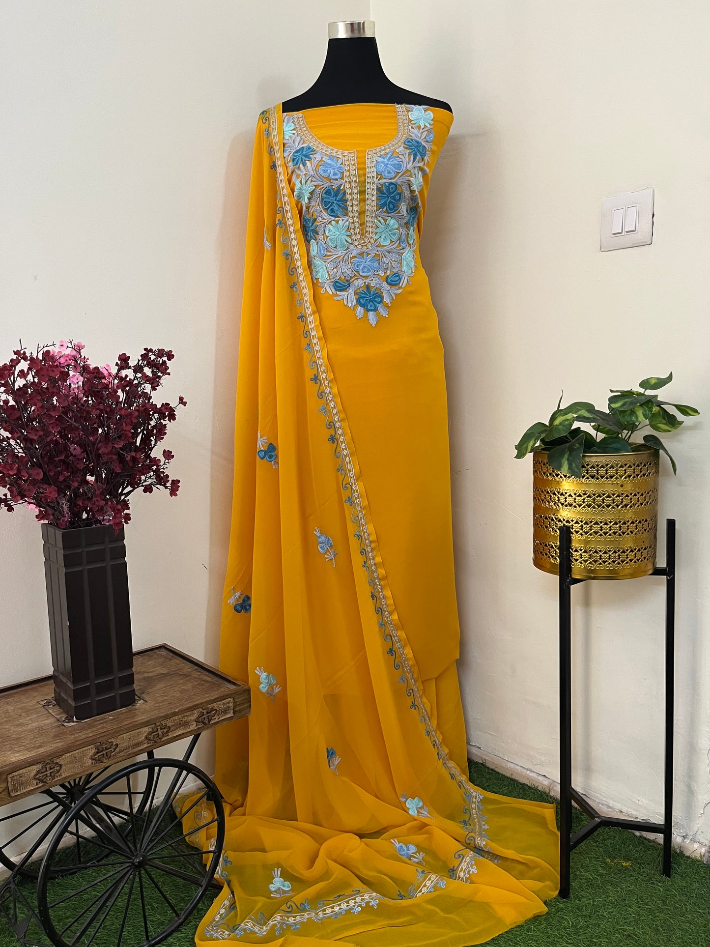 Mustard Georgette 3 Pc Aari Embroidered Suit Set