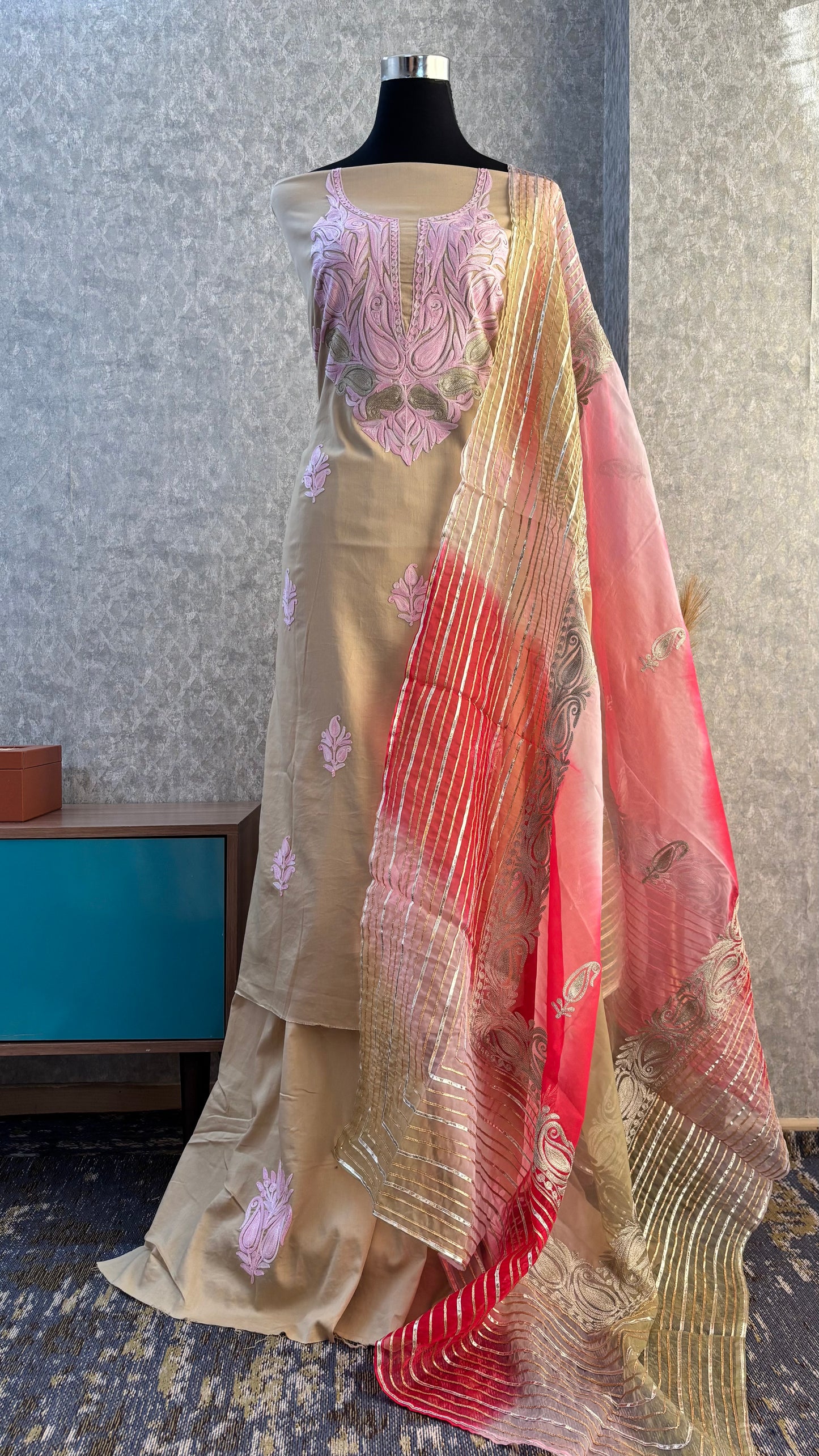 Beige Satin Cotton Kashmiri Suit
