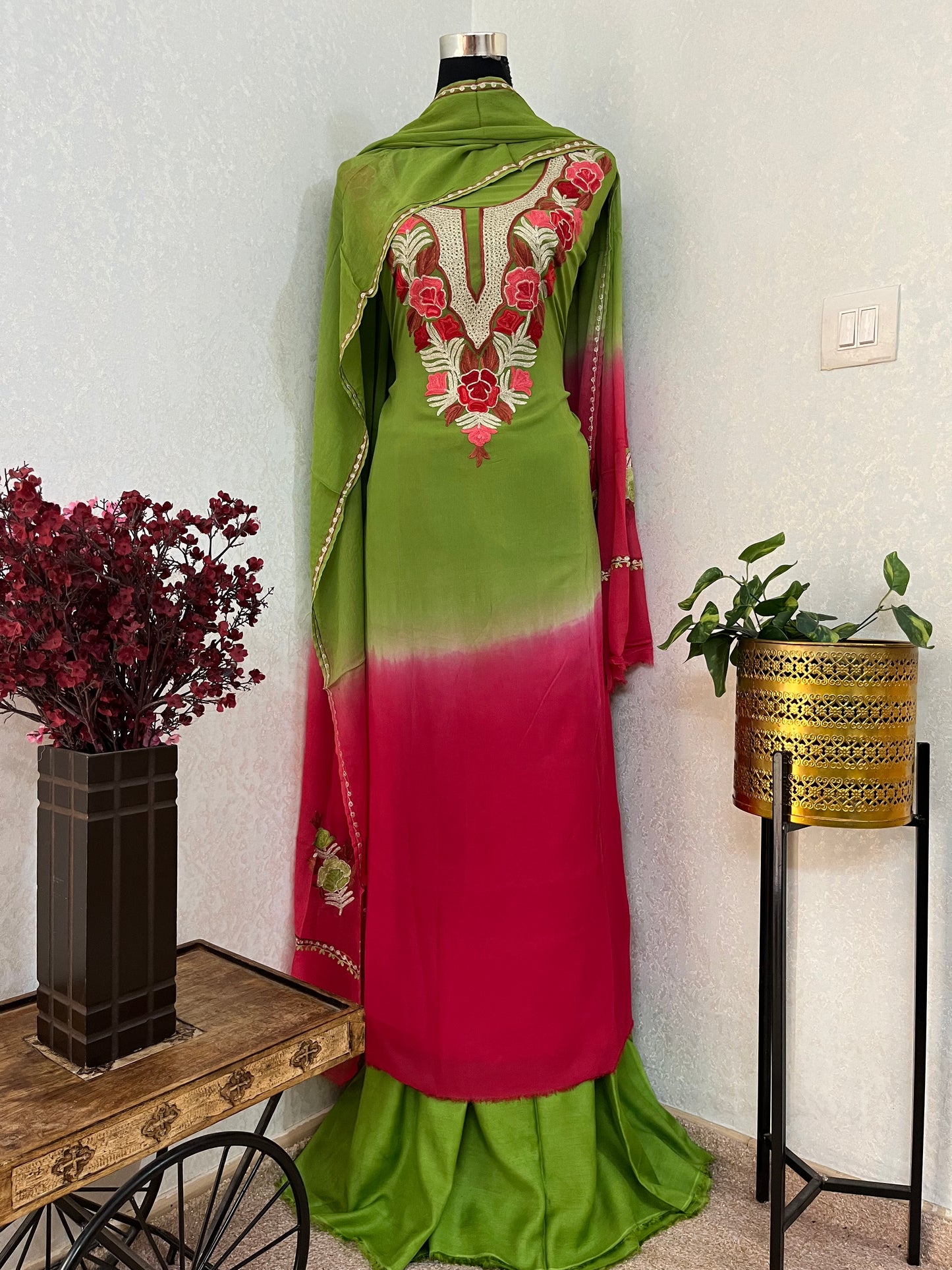 Green Pure Georgette Double Shade Kashmiri Suit