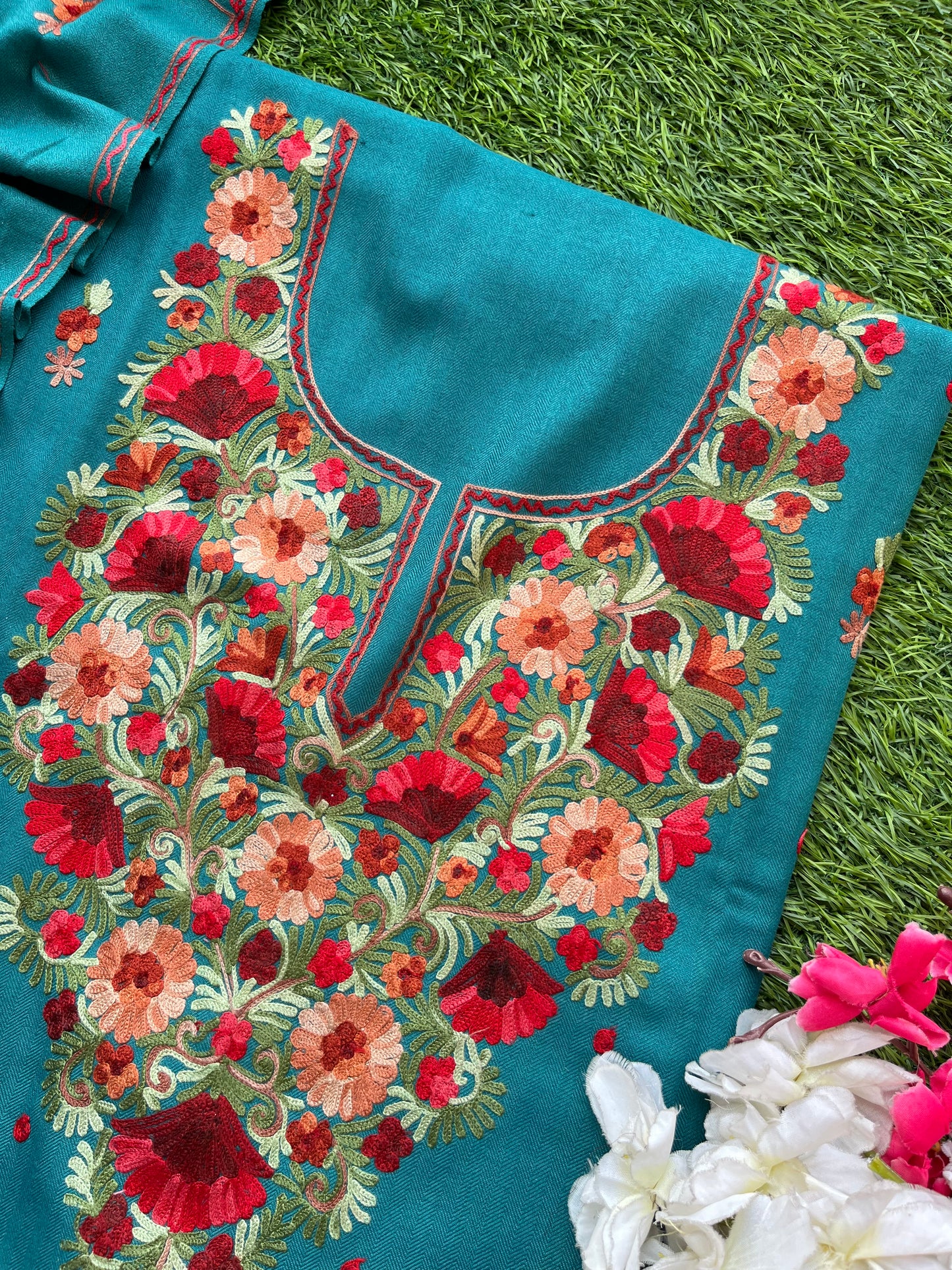 Peacock Blue Woollen Aari Embroidered 3pc suit