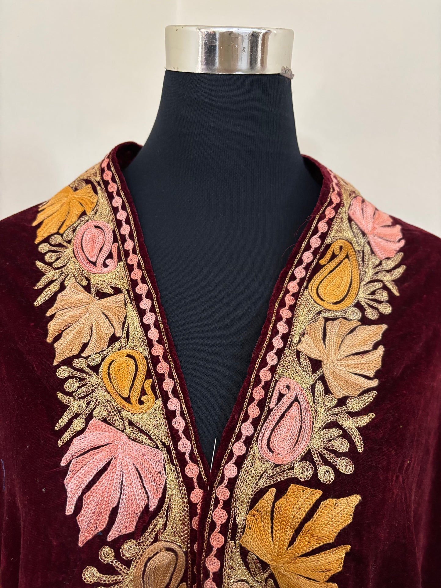 Maroon Aari Embroidered Velvet Cape