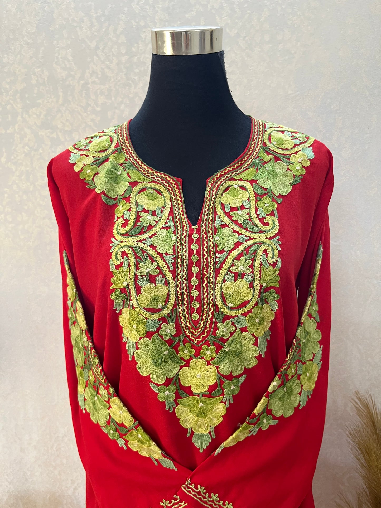 Red Cotton Aari Work Kurta