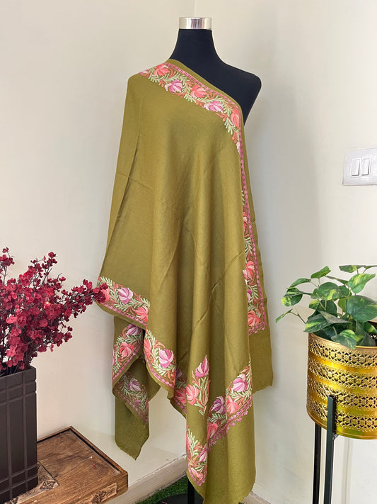 Henna Green Fine Semi Pashmina Aari Embroidered stole