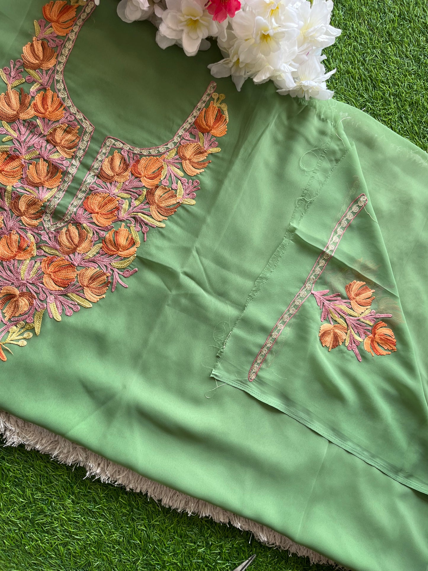 Tea Green Georgette Aari Embroidered Unstitched Kurta Material