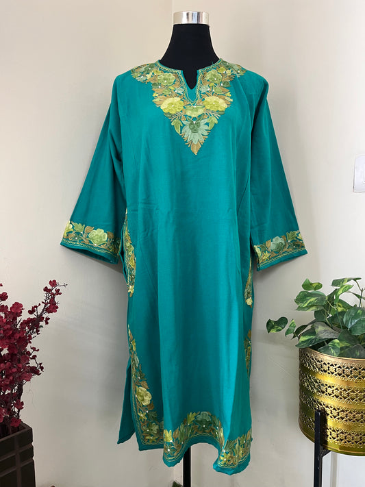 Green Aari Embroidered Wool Pheran