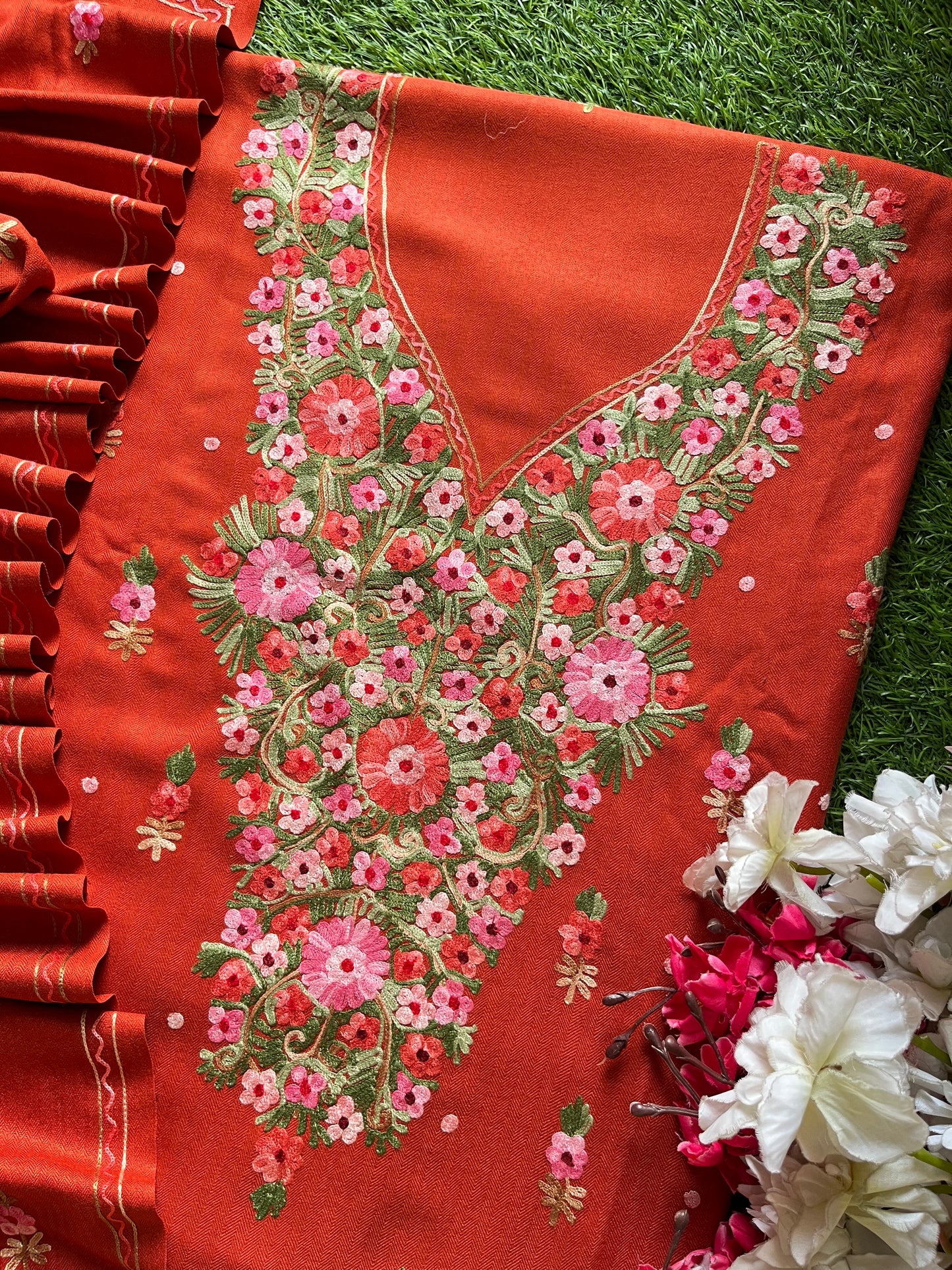 Rust Orange Woollen Aari Embroidered 3pc suit