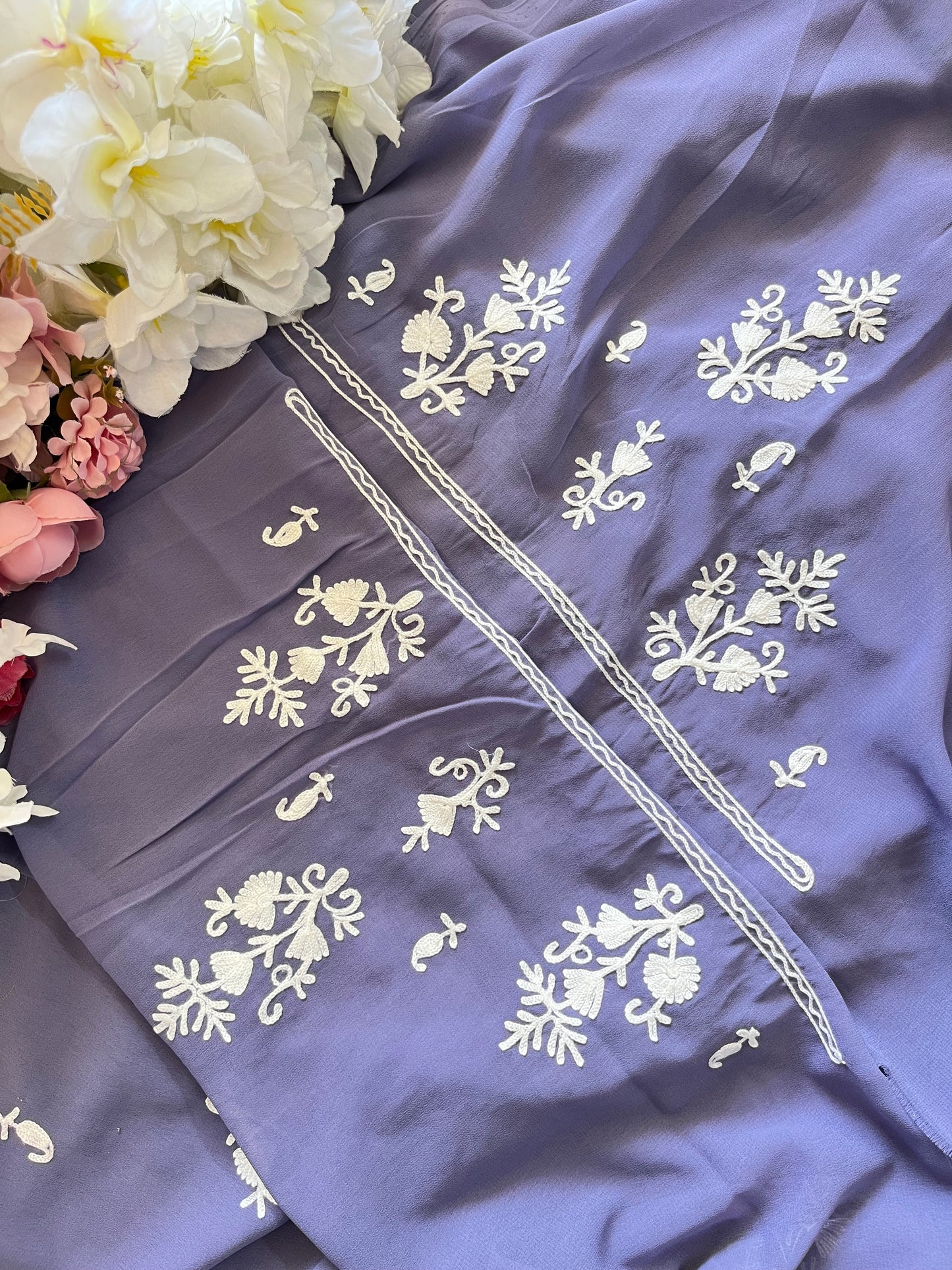 Georgette Lilac All over Work Aari Embroidered Unstitched Kurta Material