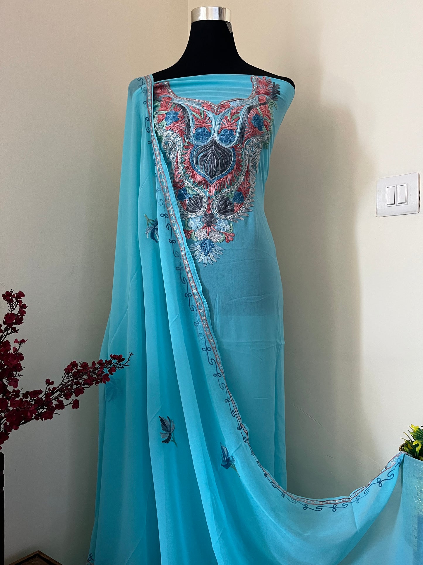 Sky Blue Georgette Shirt and Dupatta Aari Embroidered Suit