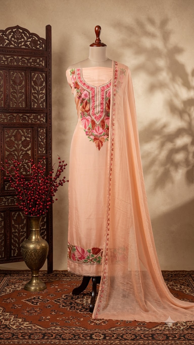 Peach Opada Silk Aari Embroidered Suit material